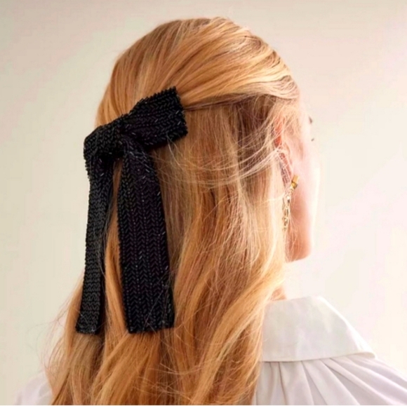 Accessories - Elegant Black Hair Bow with Beaded Texture Finish